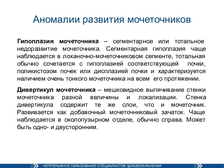 Аномалии развития мочеточников Гипоплазия мочеточника – сегментарное или тотальное недоразвитие мочеточника. Сегментарная