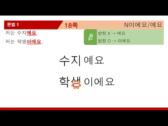 N이에요/예요 18쪽 문법 1 저는 수지예요. 저는 학생이에요. Tip 받침 X →