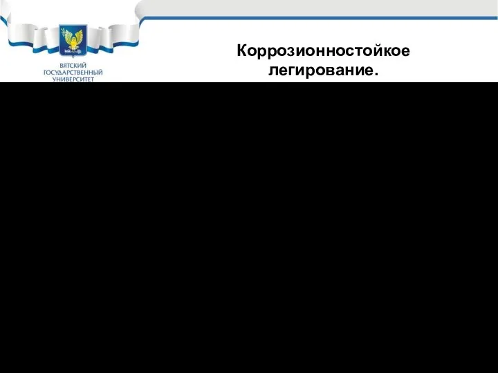 Главный элемент коррозионностойкого легирования – Cr Легирование осуществляется в соответствии с правилом