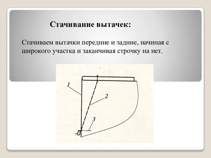 Стачивание вытачек: Стачиваем вытачки передние и задние, начиная с широкого участка и заканчивая строчку на нет.