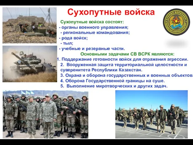 Сухопутные войска Сухопутные войска состоят: органы военного управления; - региональные командования; рода