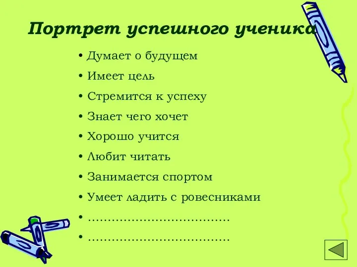 Портрет успешного ученика Думает о будущем Имеет цель Стремится к успеху Знает