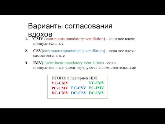 Варианты согласования вдохов CMV (continuous mandatory ventilation) - если все вдохи принудительные