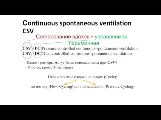 Сontinuous spontaneous ventilation CSV Согласование вдохов + управляемая переменная CSV - PC