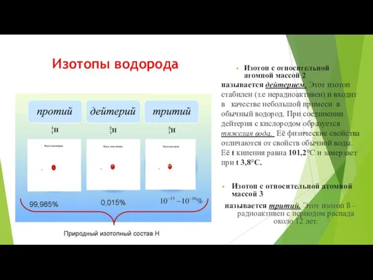 Изотопы водорода Изотоп с относительной атомной массой 2 называется дейтерием. Этот изотоп