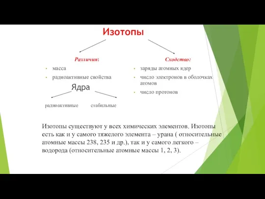 Изотопы Различия: масса радиоактивные свойства Ядра радиоактивные стабильные Сходство: заряды атомных ядер