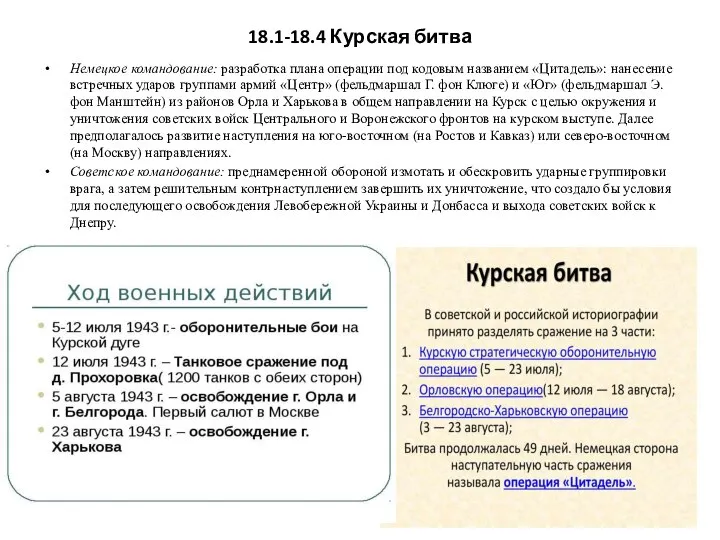 18.1-18.4 Курская битва Немецкое командование: разработка плана операции под кодовым названием «Цитадель»: