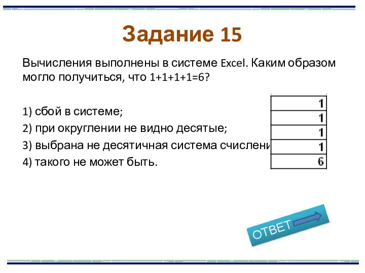 Вычисления выполнены в системе Excel. Каким образом могло получиться, что 1+1+1+1=6? 1)