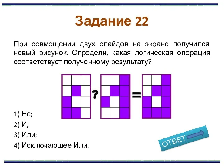 При совмещении двух слайдов на экране получился новый рисунок. Определи, какая логическая