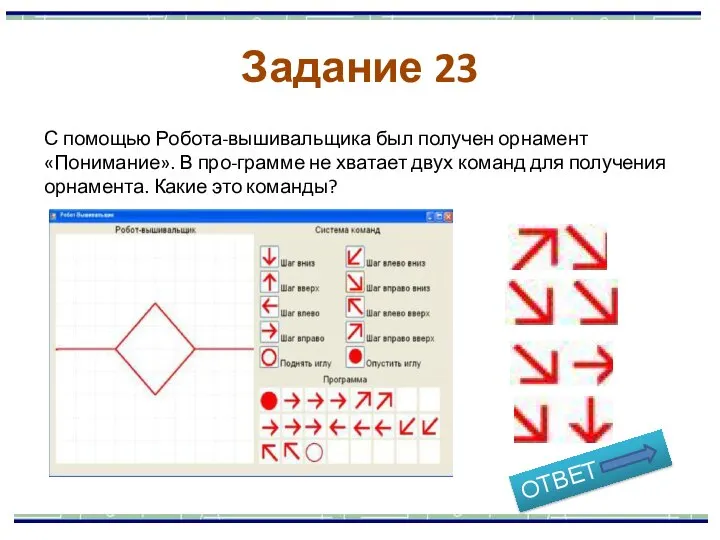 С помощью Робота-вышивальщика был получен орнамент «Понимание». В про-грамме не хватает двух