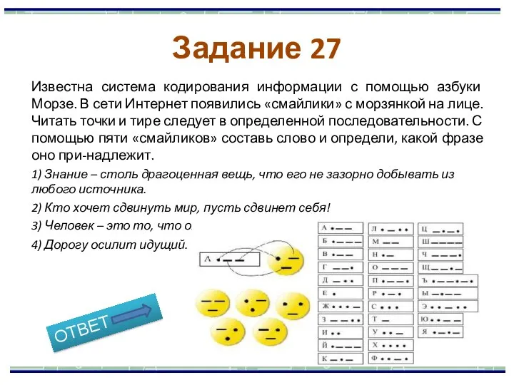 Известна система кодирования информации с помощью азбуки Морзе. В сети Интернет появились