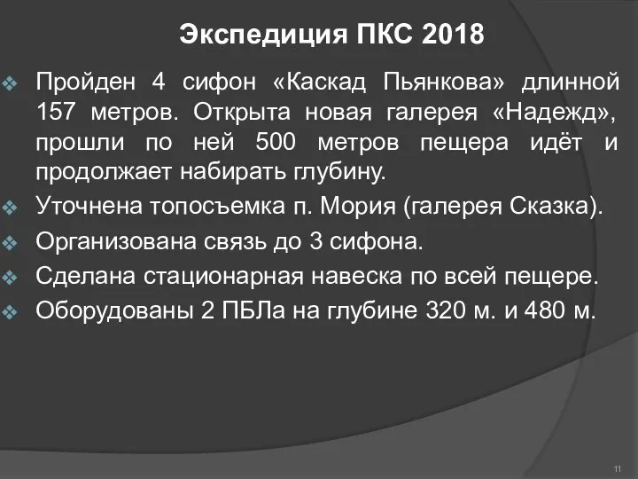 Пройден 4 сифон «Каскад Пьянкова» длинной 157 метров. Открыта новая галерея «Надежд»,