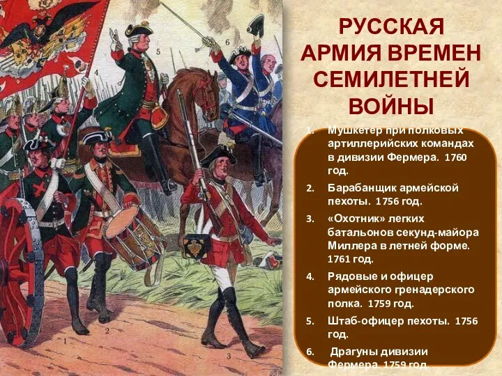 Мушкетер при полковых артиллерийских командах в дивизии Фермера. 1760 год. Барабанщик армейской