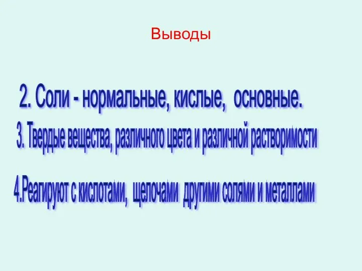 Выводы 1. Познакомились с солями. 2. Соли - нормальные, кислые, основные. 3.