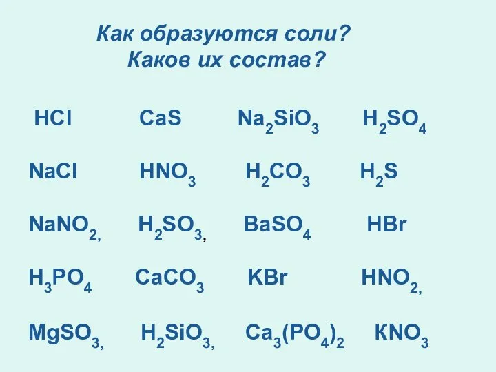 Как образуются соли? Каков их состав? HCl CaS Na2SiO3 H2SO4 NaCl HNO3