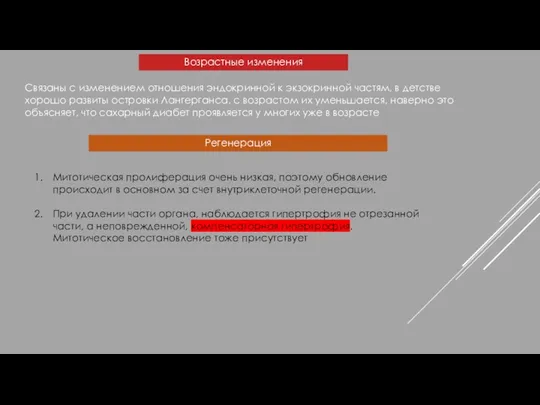 Возрастные изменения Связаны с изменением отношения эндокринной к экзокринной частям, в детстве