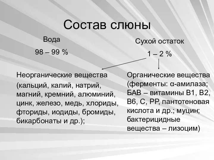 Состав слюны Вода 98 – 99 % Сухой остаток 1 – 2