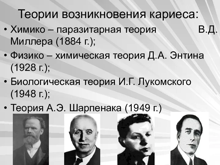 Теории возникновения кариеса: Химико – паразитарная теория В.Д. Миллера (1884 г.); Физико