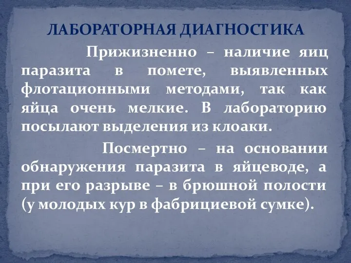 ЛАБОРАТОРНАЯ ДИАГНОСТИКА Прижизненно – наличие яиц паразита в помете, выявленных флотационными методами,