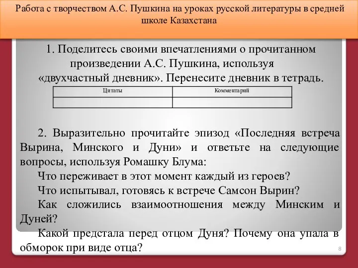 Работа с творчеством А.С. Пушкина на уроках русской литературы в средней школе