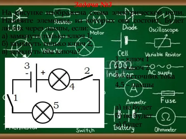 Задача №3 На рисунке изображена схема электрической цепи. Назовите элементы, из которых