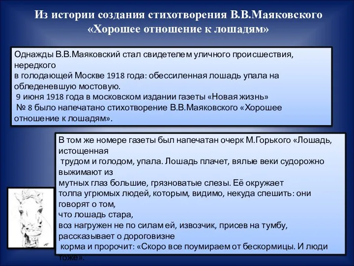 Из истории создания стихотворения В.В.Маяковского «Хорошее отношение к лошадям» Однажды В.В.Маяковский стал