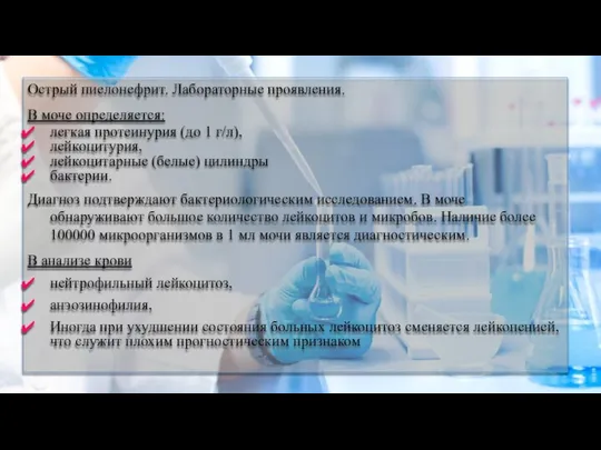 Острый пиелонефрит. Лабораторные проявления. В моче определяется: легкая протеинурия (до 1 г/л),