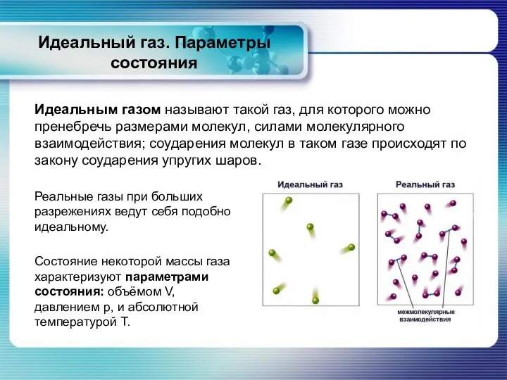 Идеальный газ. Параметры состояния Идеальным газом называют такой газ, для которого можно