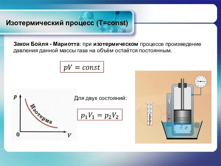 Изотермический процесс (T=const) Закон Бойля - Мариотта: при изотермическом процессе произведение давления