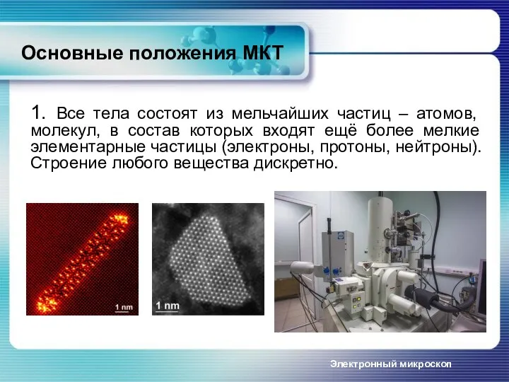 Электронный микроскоп 1. Все тела состоят из мельчайших частиц – атомов, молекул,