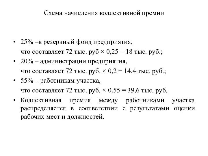 Схема начисления коллективной премии 25% –в резервный фонд предприятия, что составляет 72