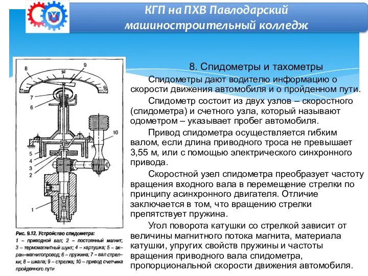 8. Спидометры и тахометры Спидометры дают водителю информацию о скорости движения автомобиля