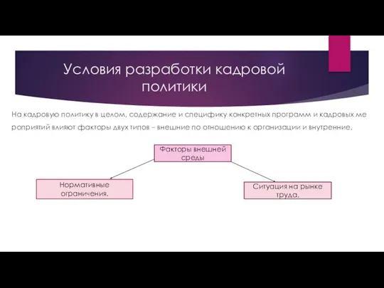 Условия разработки кадровой политики На кадровую политику в целом, содержание и специфику