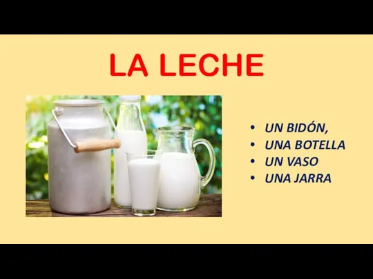 LA LECHE UN BIDÓN, UNA BOTELLA UN VASO UNA JARRA