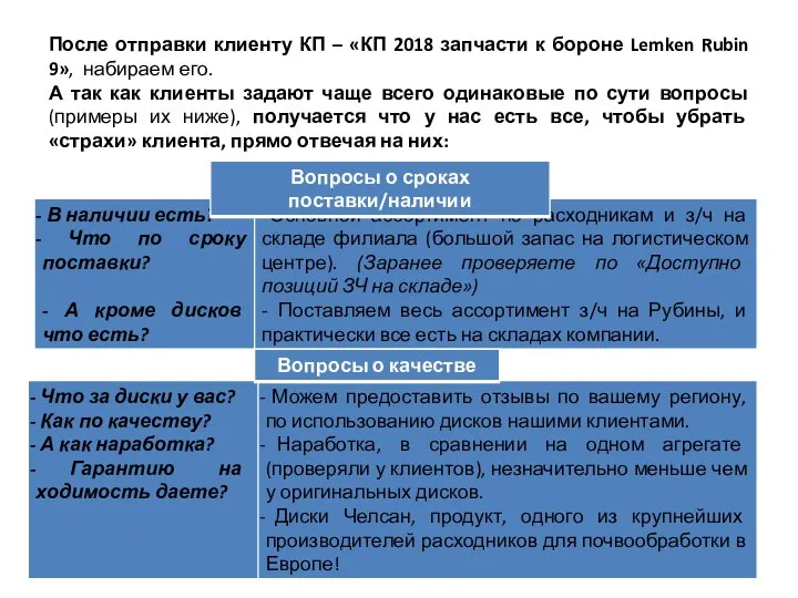 После отправки клиенту КП – «КП 2018 запчасти к бороне Lemken Rubin