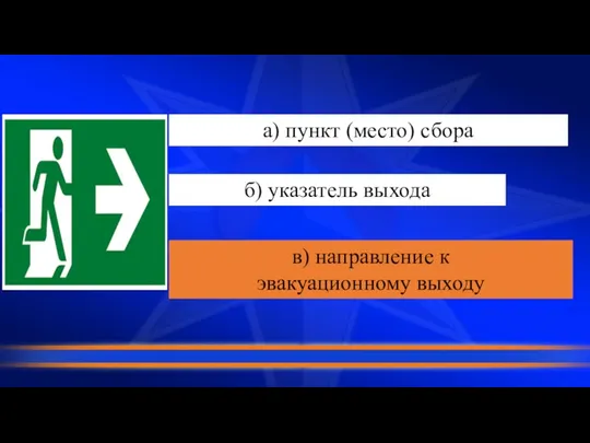 а) пункт (место) сбора б) указатель выхода в) направление к эвакуационному выходу