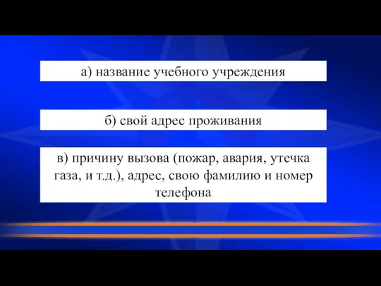 а) название учебного учреждения б) свой адрес проживания в) причину вызова (пожар,