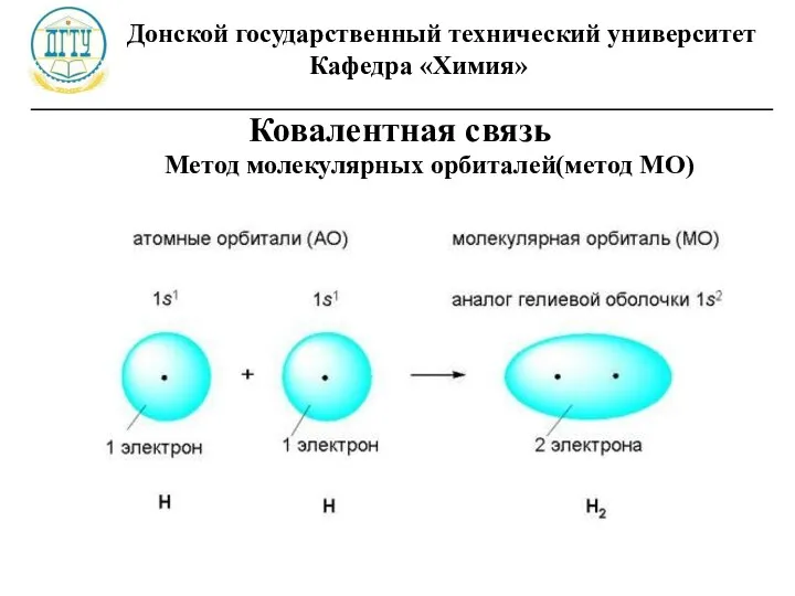 Донской государственный технический университет Кафедра «Химия» ________________________________________________________ Ковалентная связь Метод молекулярных орбиталей(метод МО)