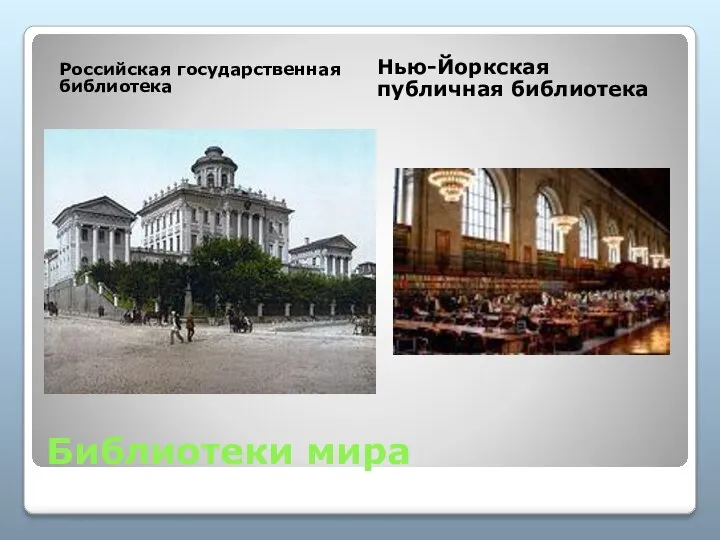 Библиотеки мира Российская государственная библиотека Нью-Йоркская публичная библиотека