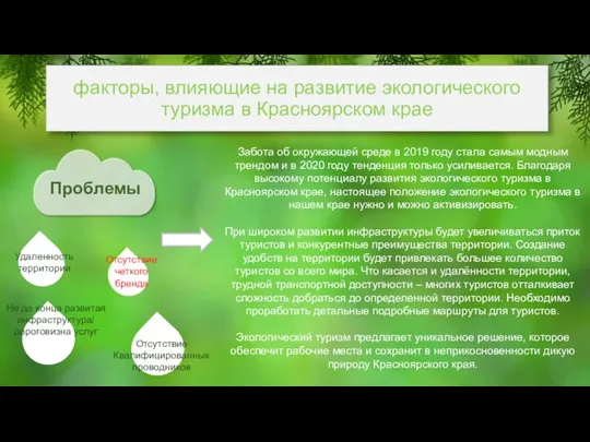 факторы, влияющие на развитие экологического туризма в Красноярском крае Проблемы Удаленность территории