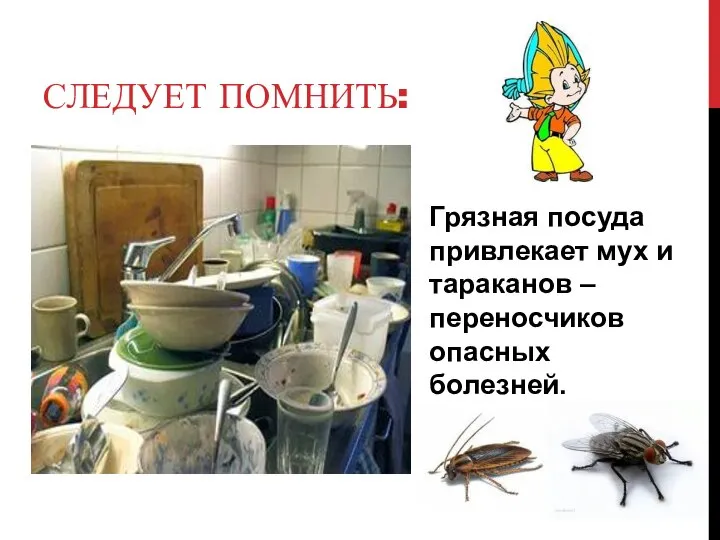 СЛЕДУЕТ ПОМНИТЬ: Грязная посуда привлекает мух и тараканов – переносчиков опасных болезней.