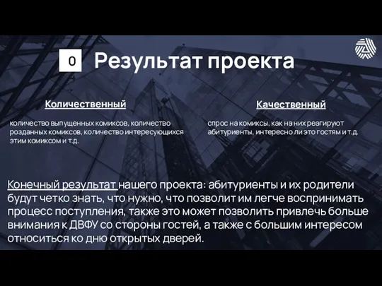 Результат проекта Количественный Качественный количество выпущенных комиксов, количество розданных комиксов, количество интересующихся