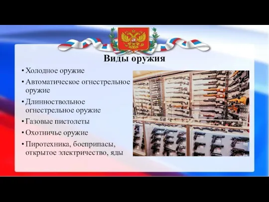 Виды оружия Холодное оружие Автоматическое огнестрельное оружие Длинноствольное огнестрельное оружие Газовые пистолеты