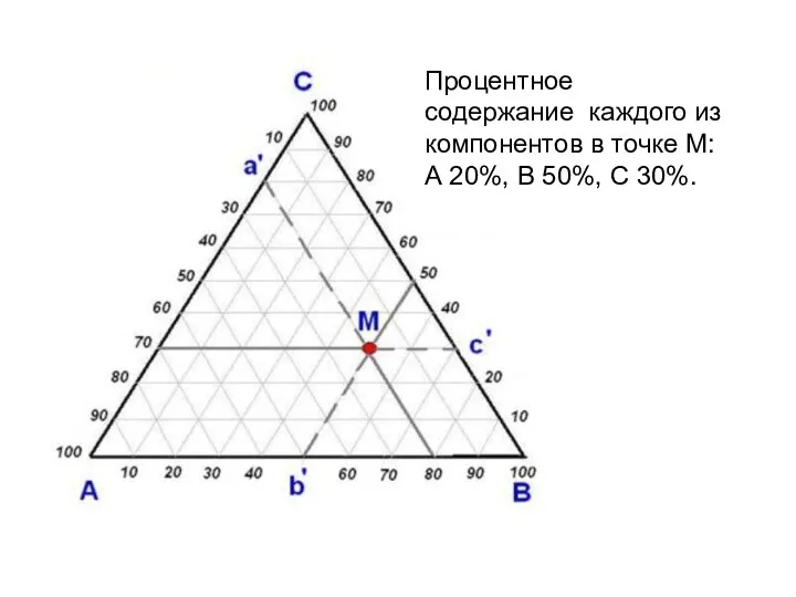 Процентное содержание каждого из компонентов в точке М: А 20%, В 50%, С 30%.