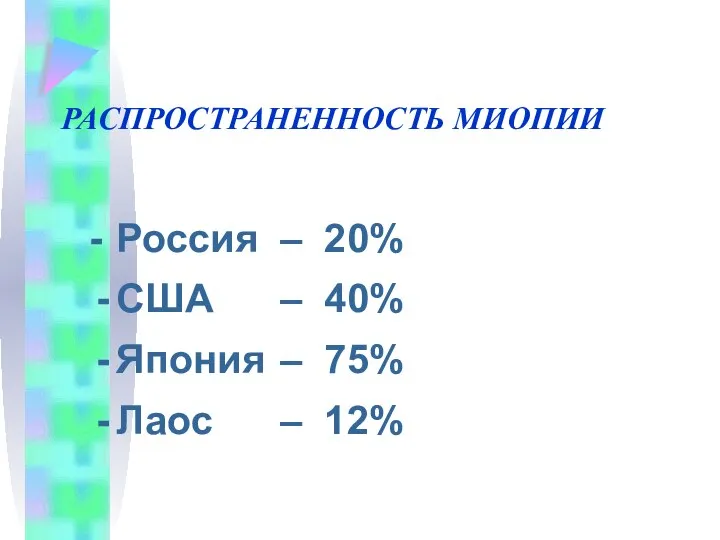 РАСПРОСТРАНЕННОСТЬ МИОПИИ - Россия – 20% США – 40% Япония – 75% Лаос – 12%