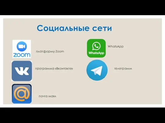 Социальные сети платформу Zoom программа «Вконтакте» почта маял WhatsApp телеграмм