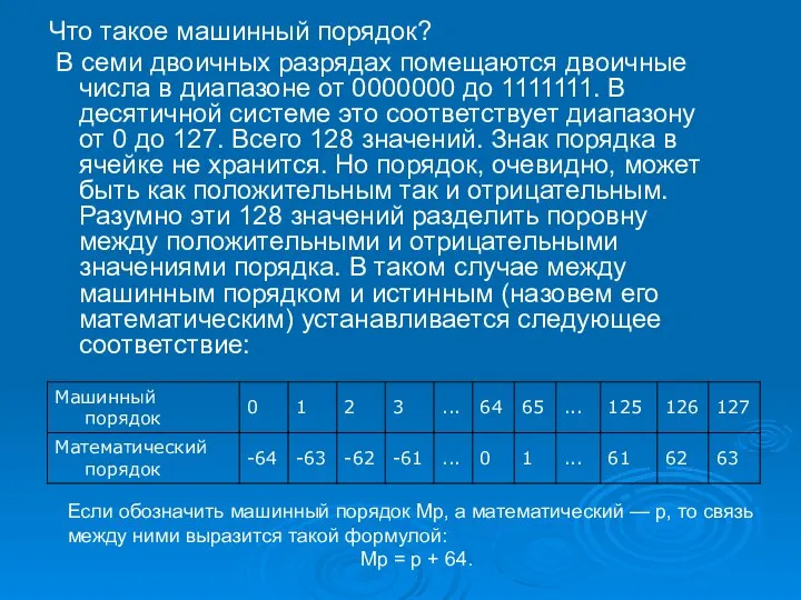 Что такое машинный порядок? В семи двоичных разрядах помещаются двоичные числа в