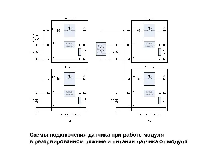 Схемы подключения датчика при работе модуля в резервированном режиме и питании датчика от модуля