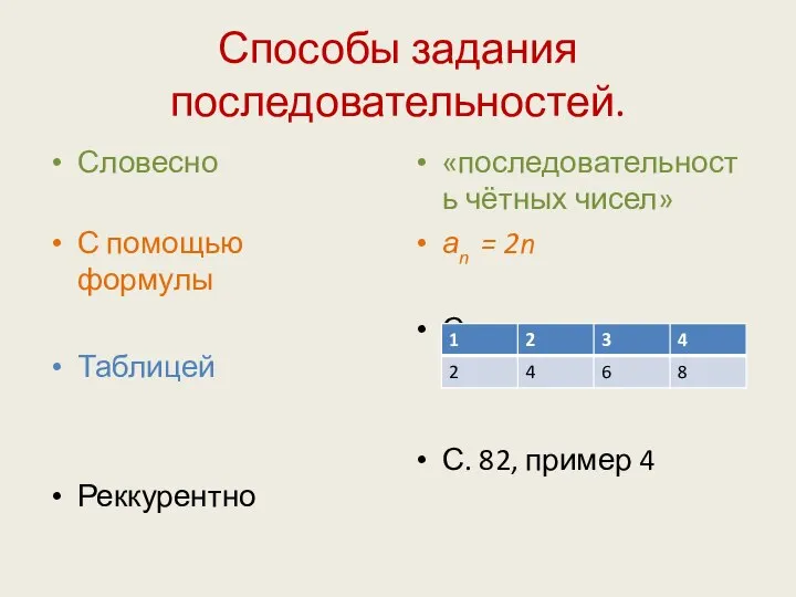 Способы задания последовательностей. Словесно С помощью формулы Таблицей Реккурентно «последовательность чётных чисел»