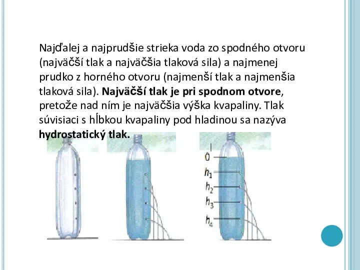 Najďalej a najprudšie strieka voda zo spodného otvoru (najväčší tlak a najväčšia